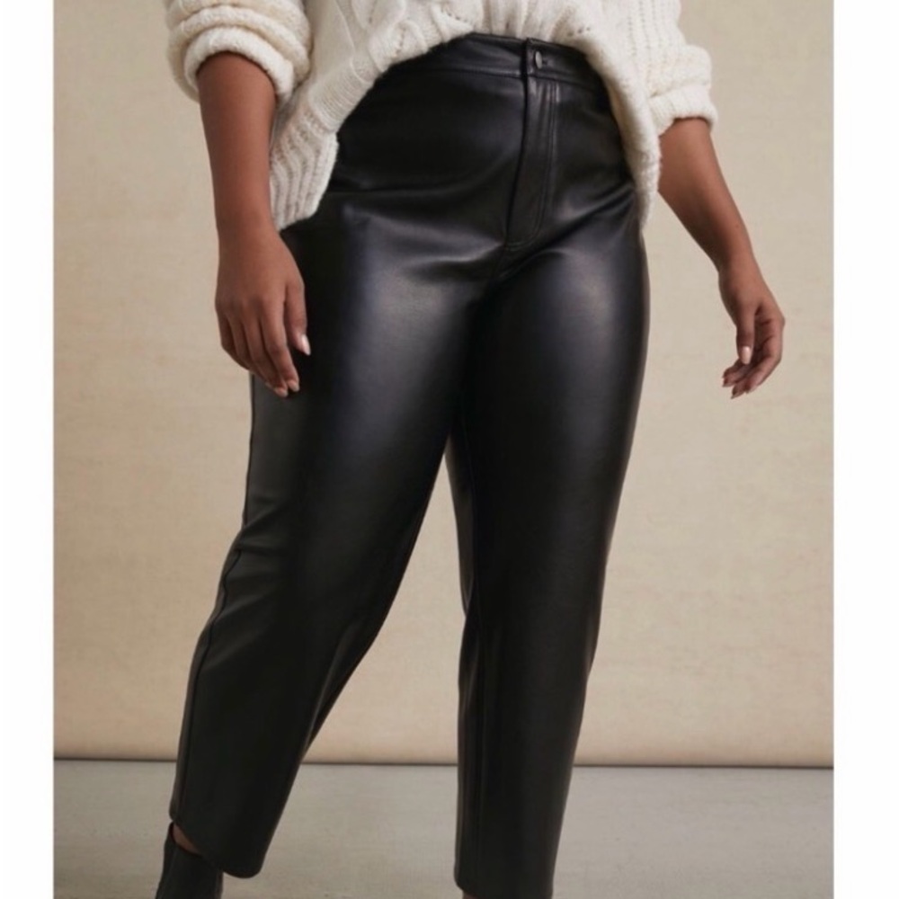 Anthropologie Faux Leather Pants 
Polyurethane, polyester, spandex
Spot Clean